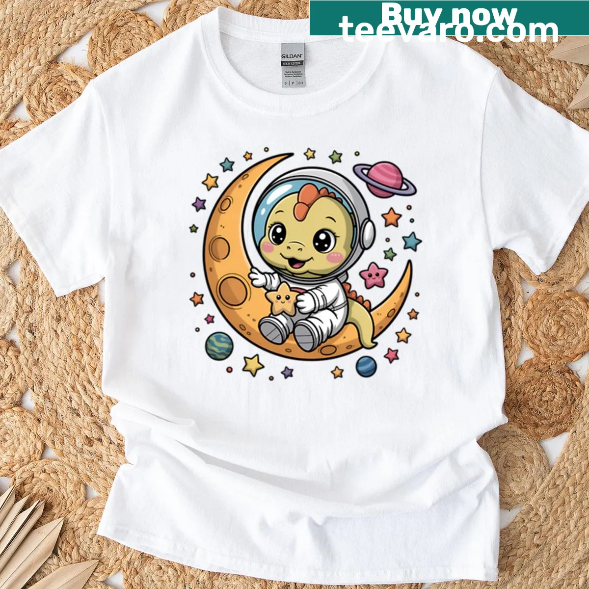 Cute illustration of a dinosaur sitting on a moon with stars — on a men's t-shirt