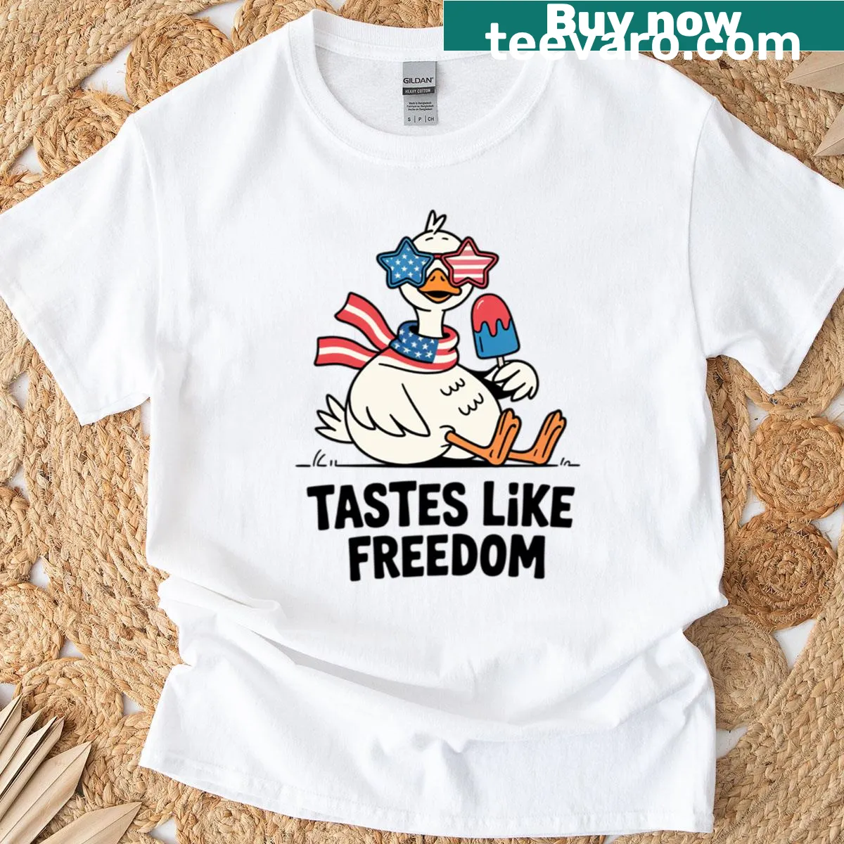 Funny T-shirt featuring a goose with a popsicle for Fourth of July — on a men's t-shirt