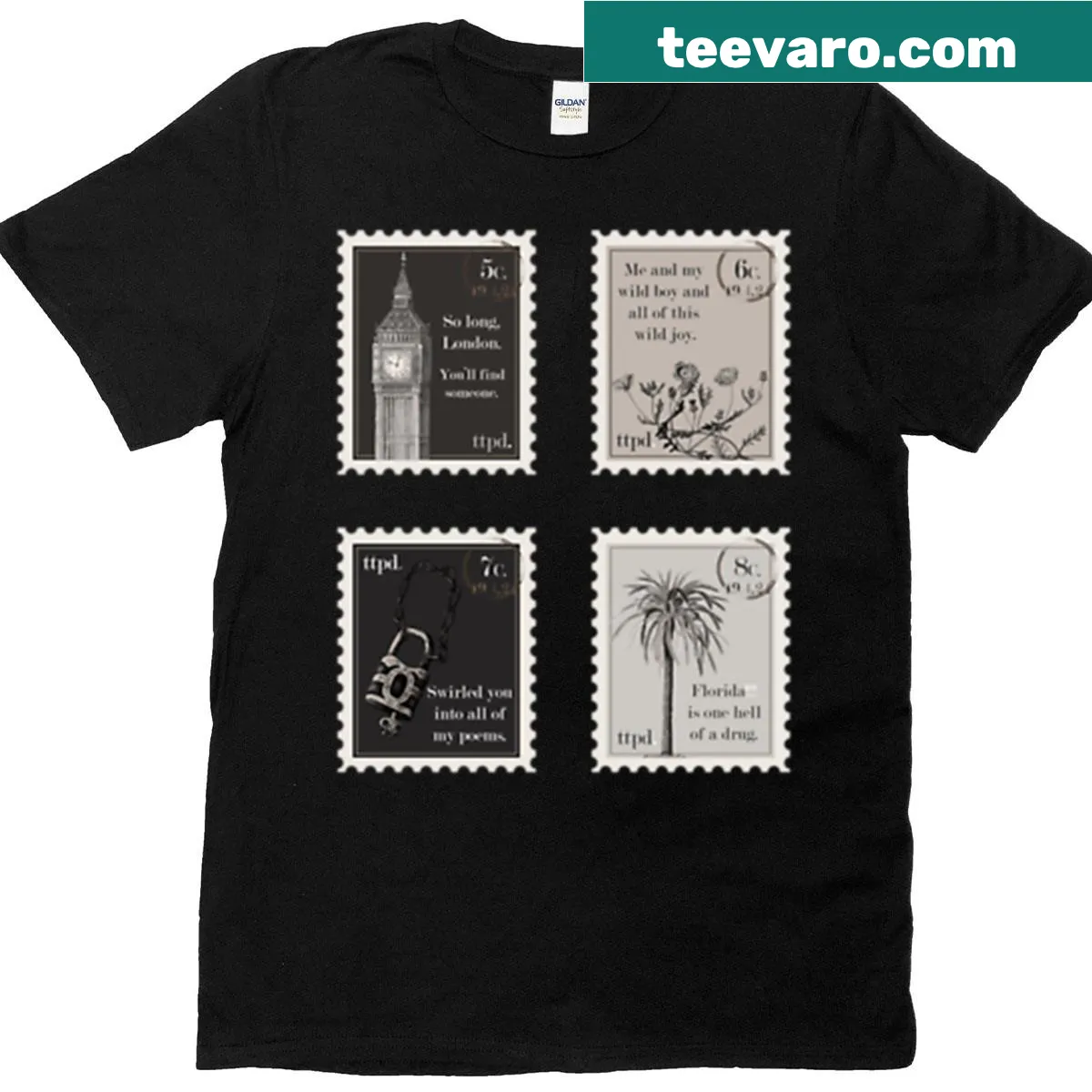 Literary-themed t-shirt with poetic stamp design — on a men's t-shirt