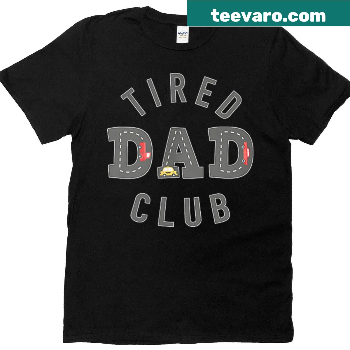 T-shirt depicting kids playing cars on a tired dad's back with humorous text — on a men's t-shirt