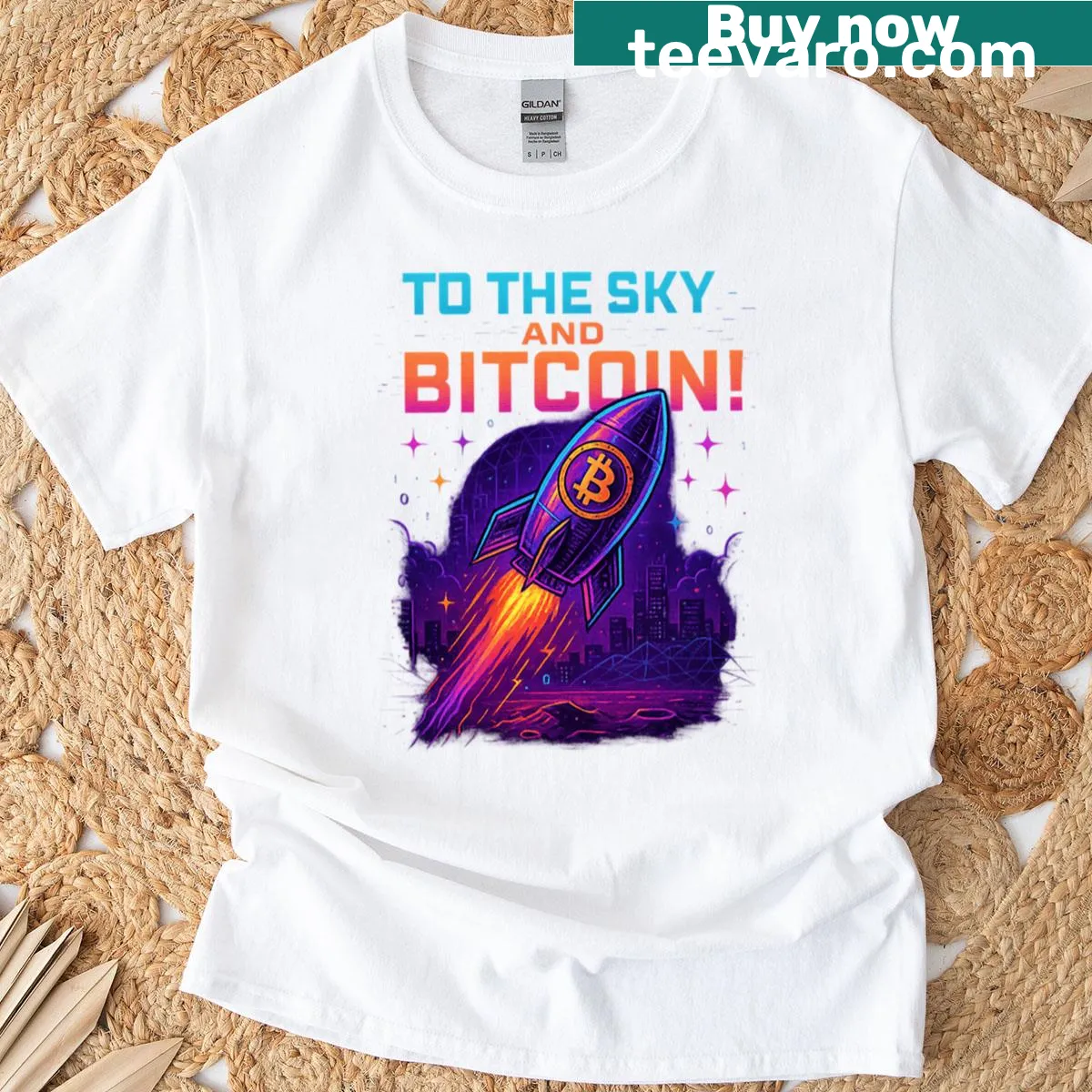 Cyberpunk rocket design celebrating cryptocurrency on a t-shirt — on a men's t-shirt