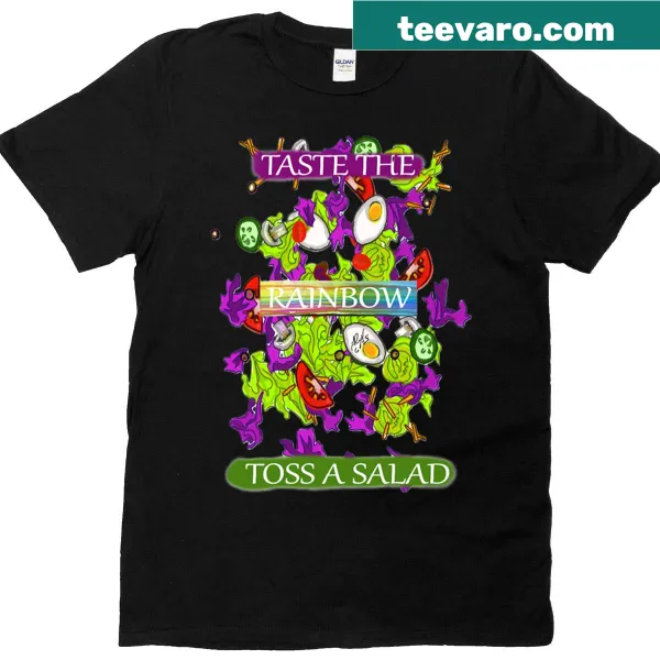 T-shirt featuring a playful tossed salad graphic celebrating pride