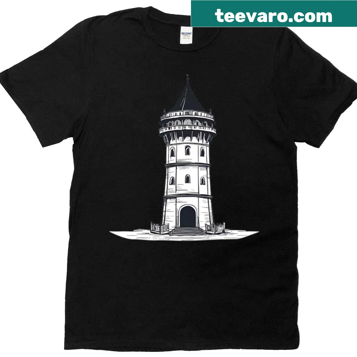 Minimalist T-shirt featuring a simple graphic of a tower — on a men's t-shirt