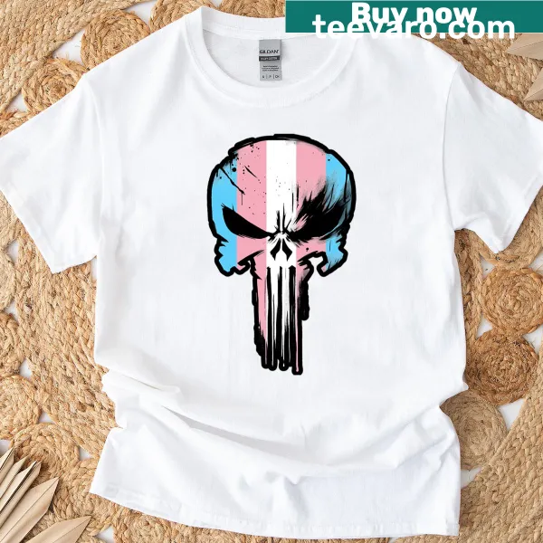 Illustrative T-shirt featuring a skull and trans pride elements
