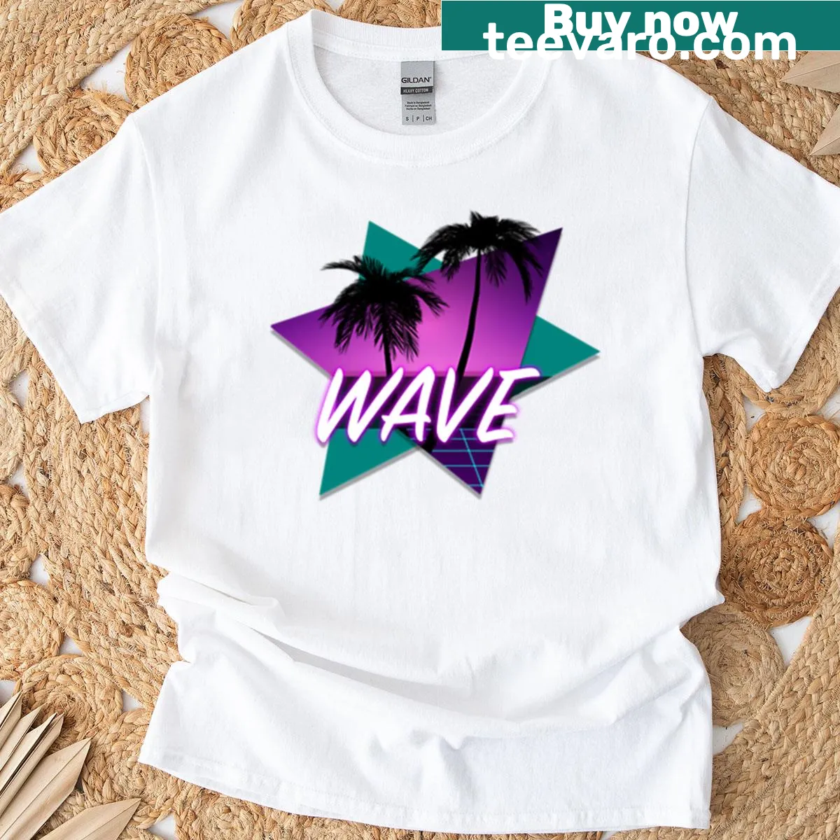 Retro-inspired Tropical Neon Vaporwave graphic T-shirt — on a men's t-shirt