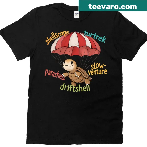 T-shirt featuring a whimsical turtle parachuting design