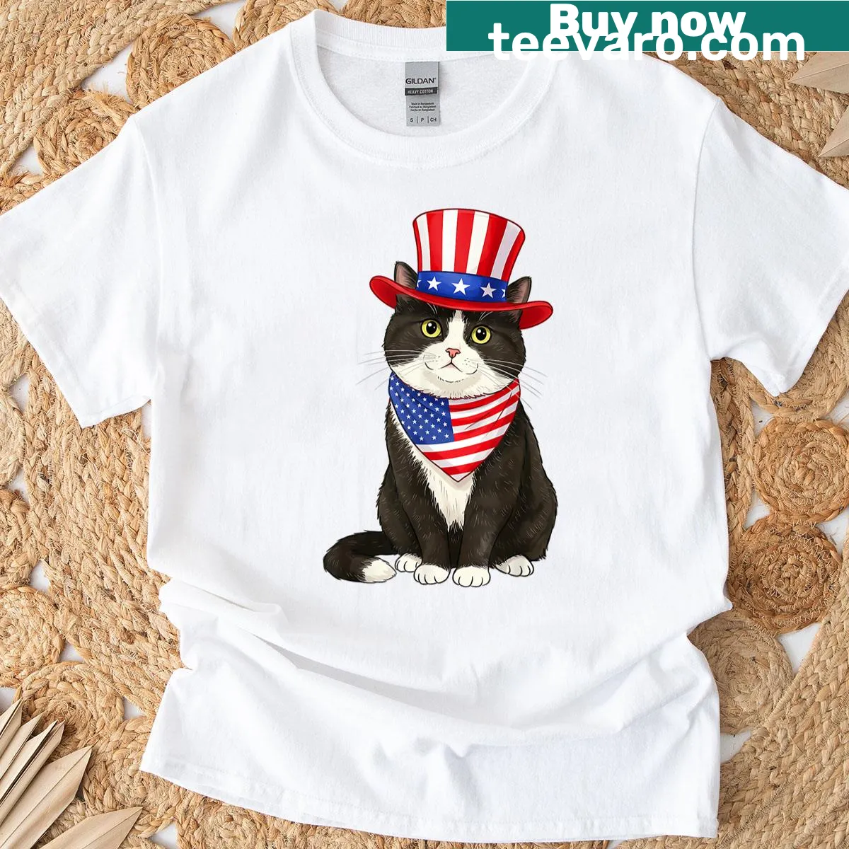 Funny tuxedo cat wearing a 4th of July hat t-shirt — on a men's t-shirt