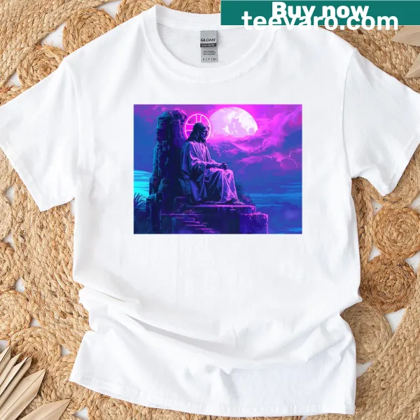 Spiritual art T-shirt with Jesus in meditation and neon moon