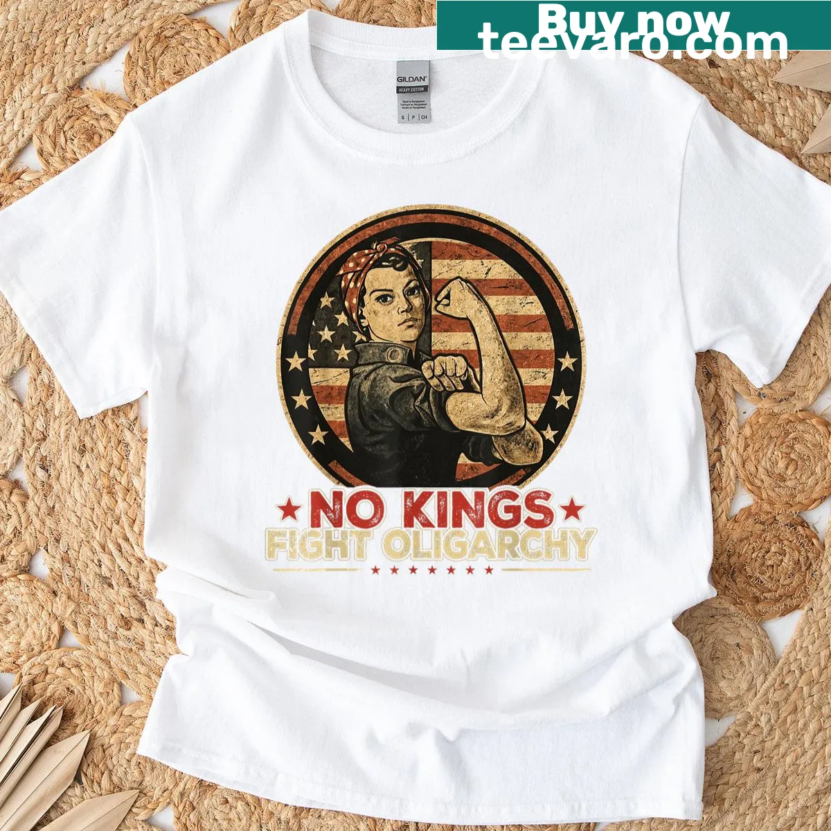 Vintage America flag graphic with anti-oligarchy text — on a men's t-shirt