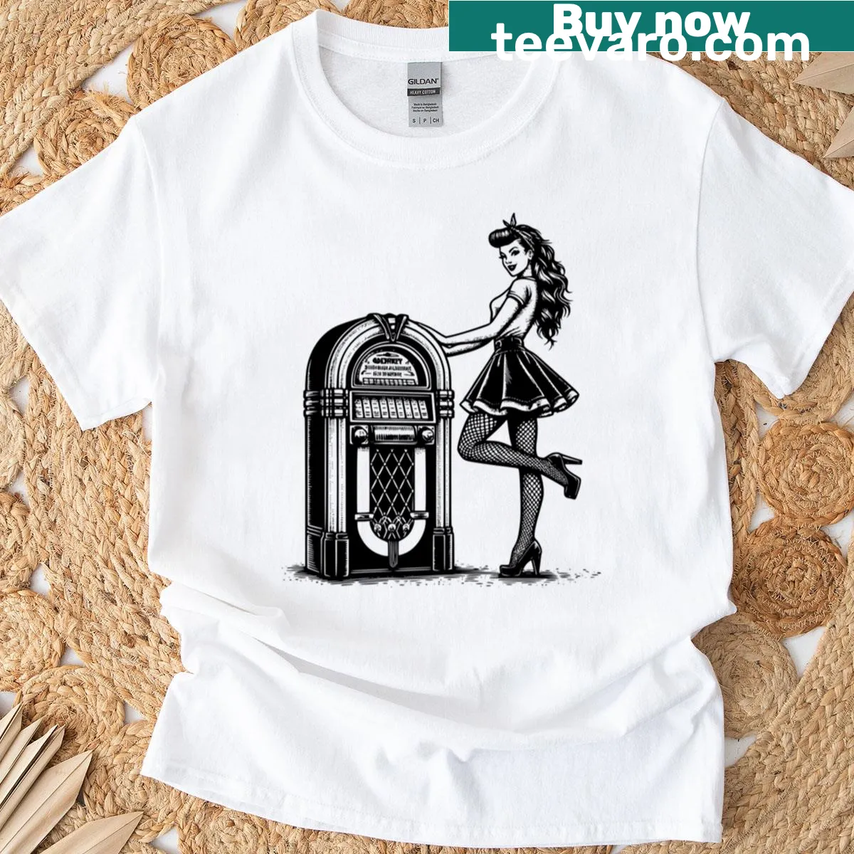 Illustrated vintage pin-up girl with a retro jukebox on a T-shirt — on a men's t-shirt