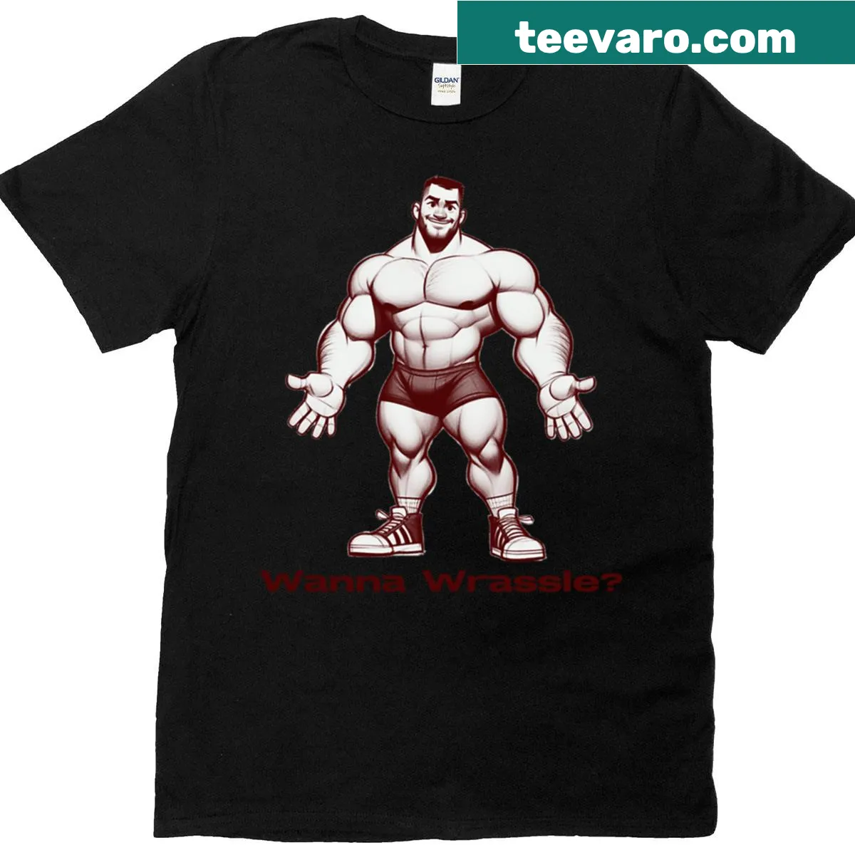 Playful T-shirt with the text 'Wanna Wrassle' for wrestling fans — on a men's t-shirt