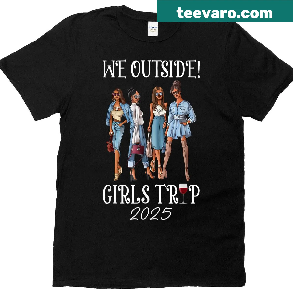Girls trip 2025 tee with illustration of Afro women together — on a men's t-shirt