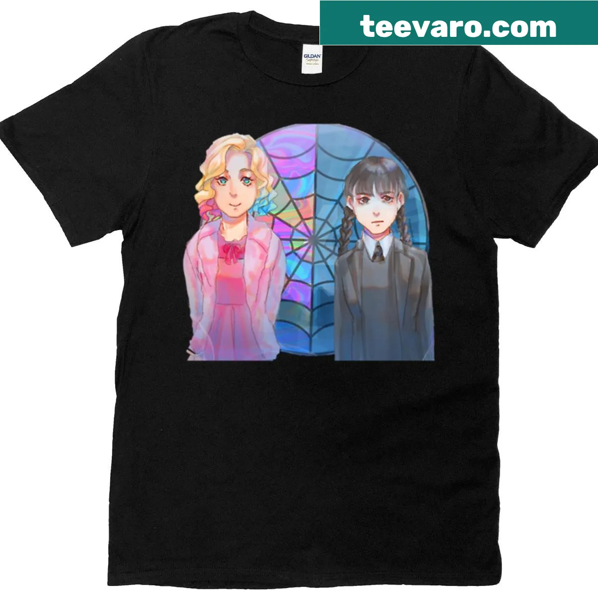 Illustration of Wednesday Addams and Enid Sinclair on a t-shirt. — on a men's t-shirt