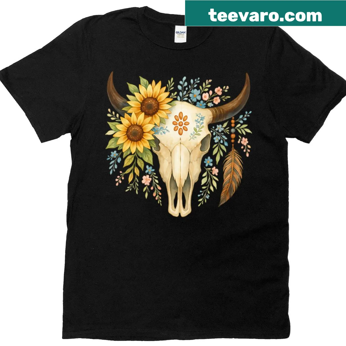 Boho skull art with floral elements on a T-shirt — on a men's t-shirt