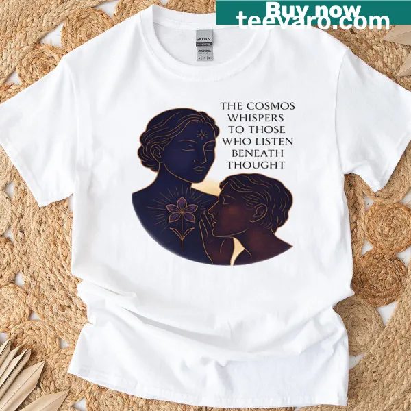 Celestial-themed T-shirt with illustrations of listening to the universe