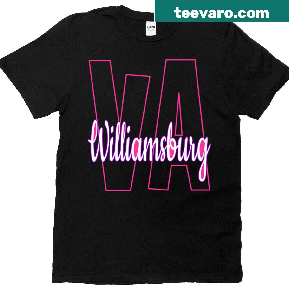 Minimalist pink t-shirt representing Williamsburg charm. — on a men's t-shirt
