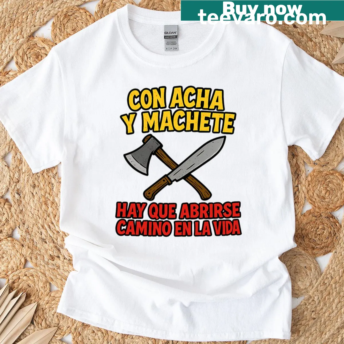 Graffiti-style T-shirt with Latin phrase and machete illustration — on a men's t-shirt