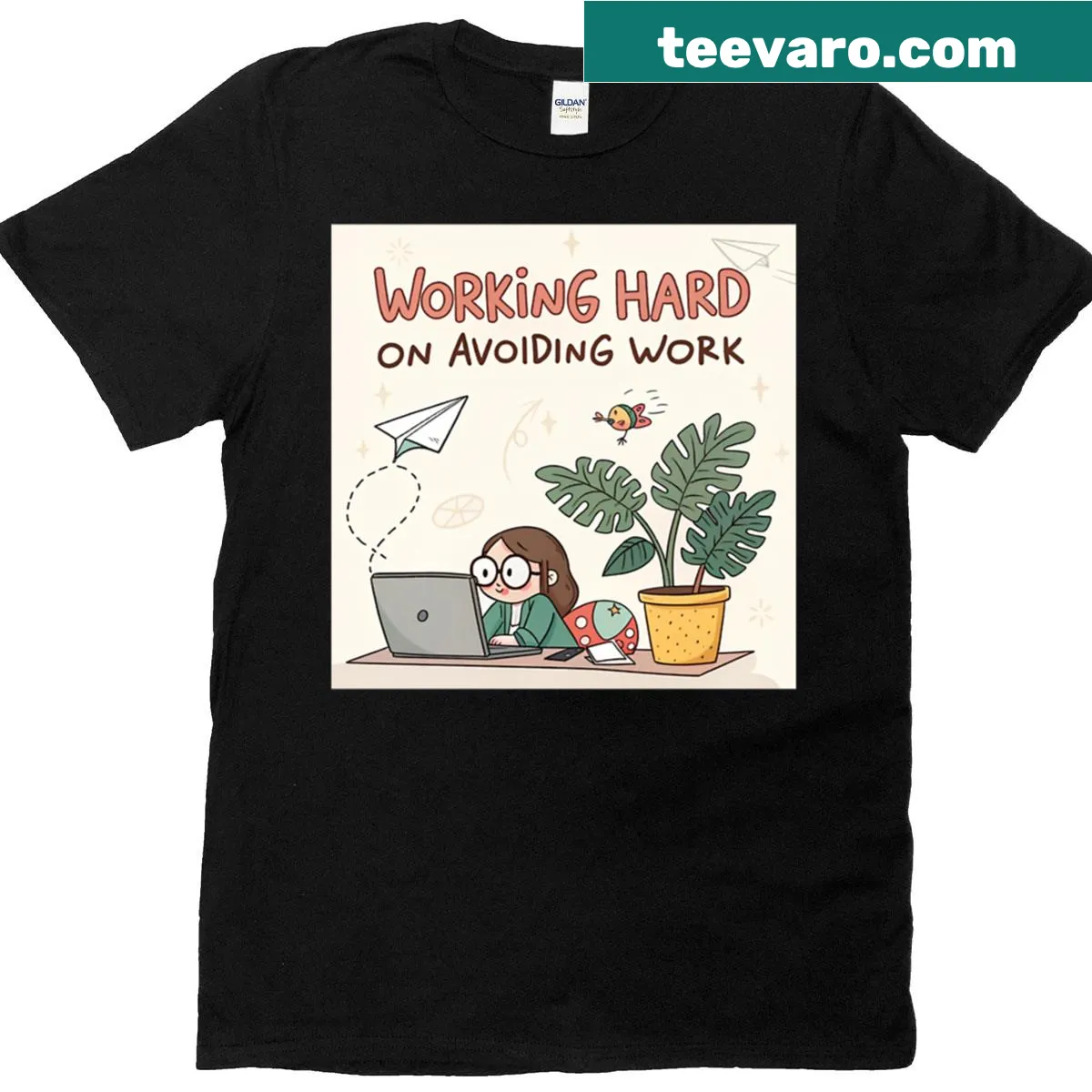 Humorous T-shirt about avoiding work with playful text — on a men's t-shirt