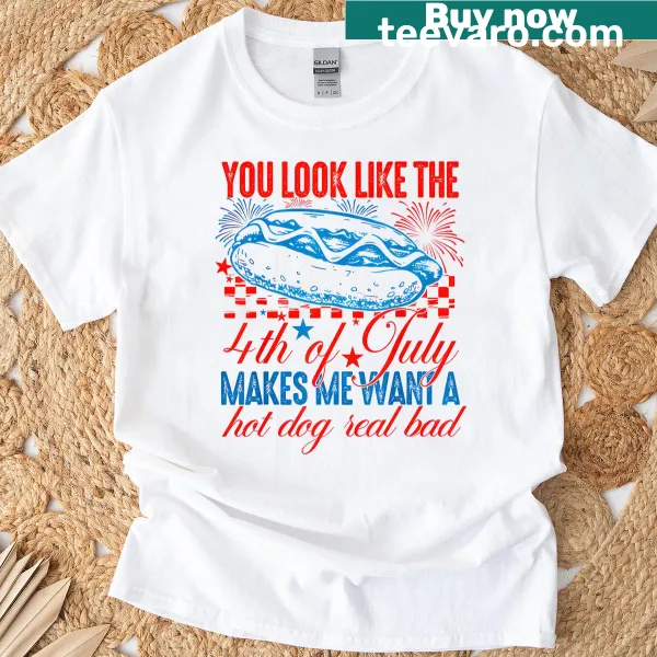 Fourth of July Hot Dog themed T-shirt with playful text