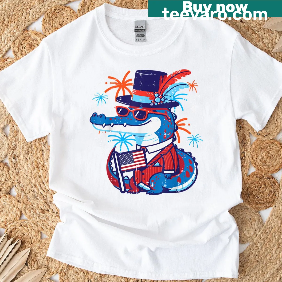 Funny T-shirt featuring a patriotic crocodile for the 4th of July — on a men's t-shirt