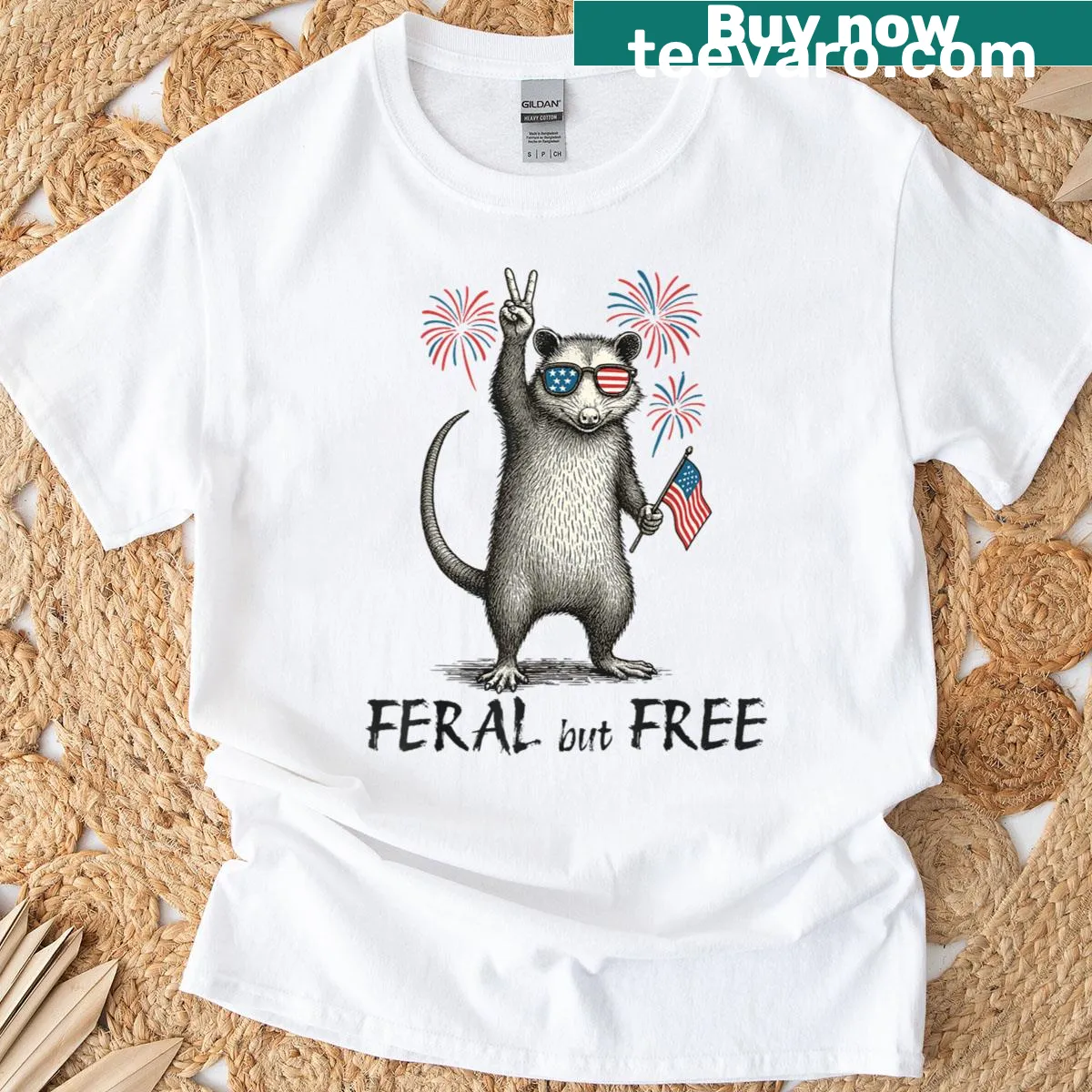 Funny T-shirt with 'Feral But Free Opossum' text for July 4th — on a men's t-shirt