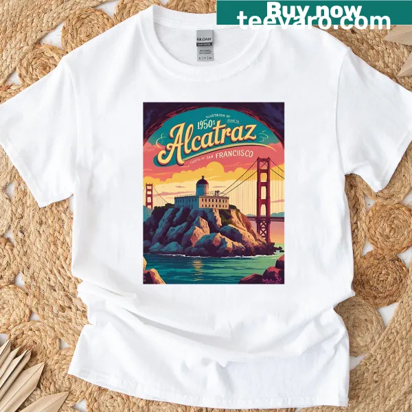 Vintage Alcatraz poster graphic on a t-shirt