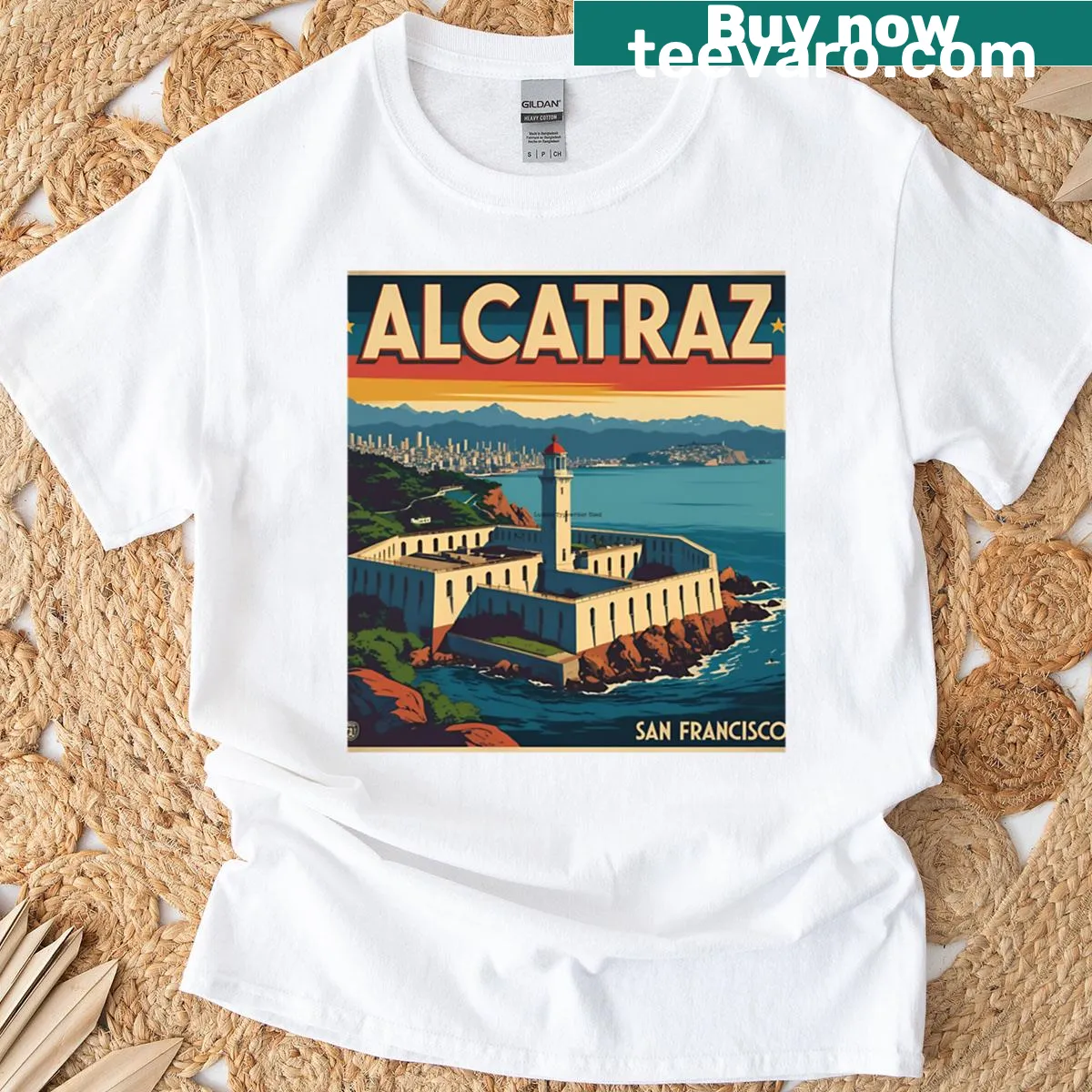 Oversized vintage graphic T-shirt featuring Alcatraz — on a men's t-shirt