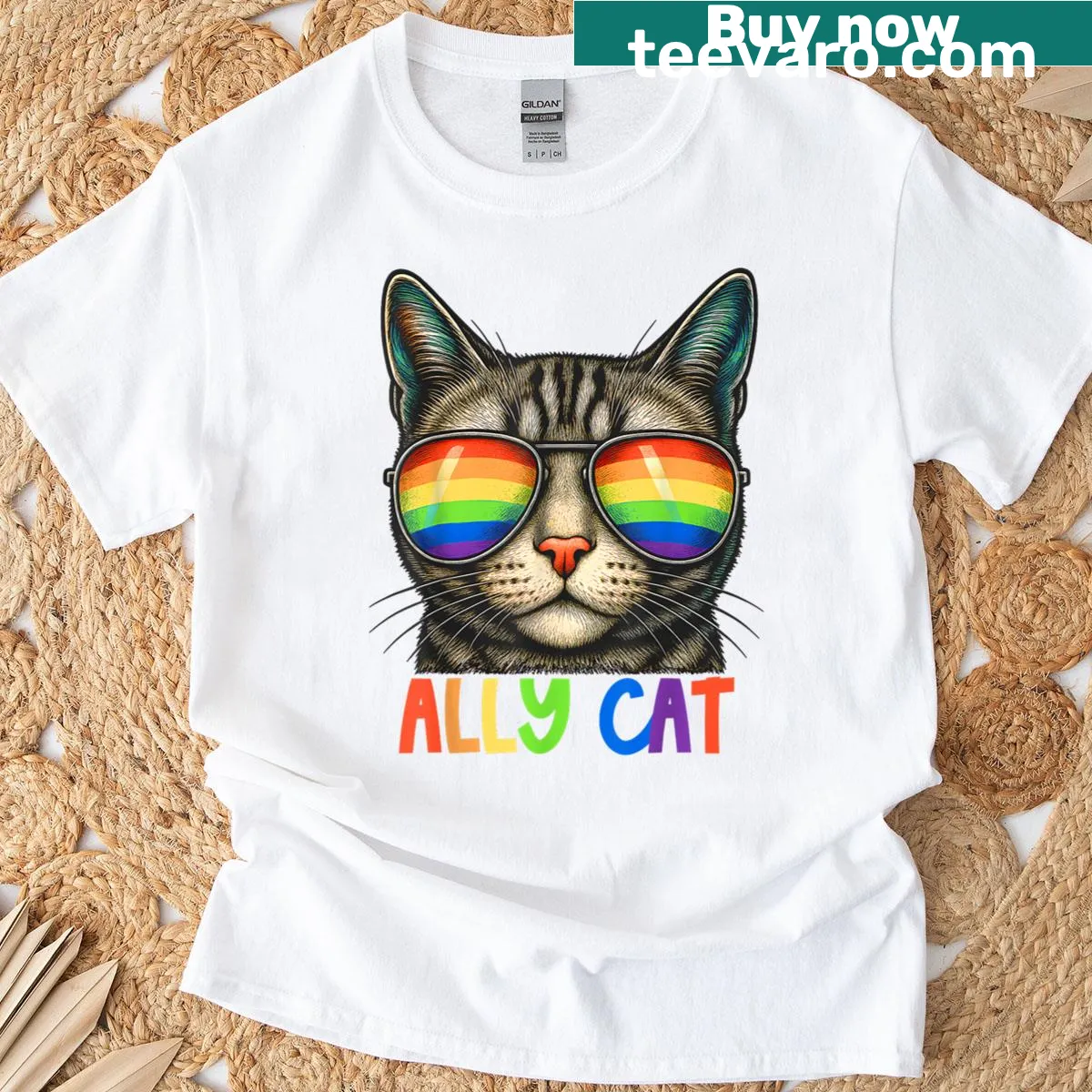 Ally Cat T-shirt with rainbow sunglasses design for LGBTQ+ support — on a men's t-shirt