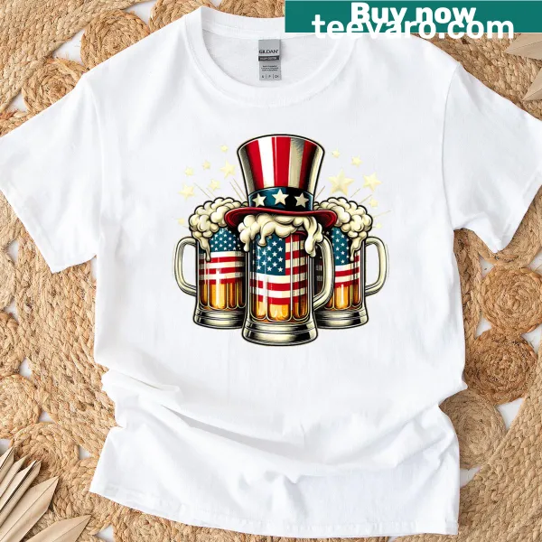 T-shirt featuring American flag and beer graphic