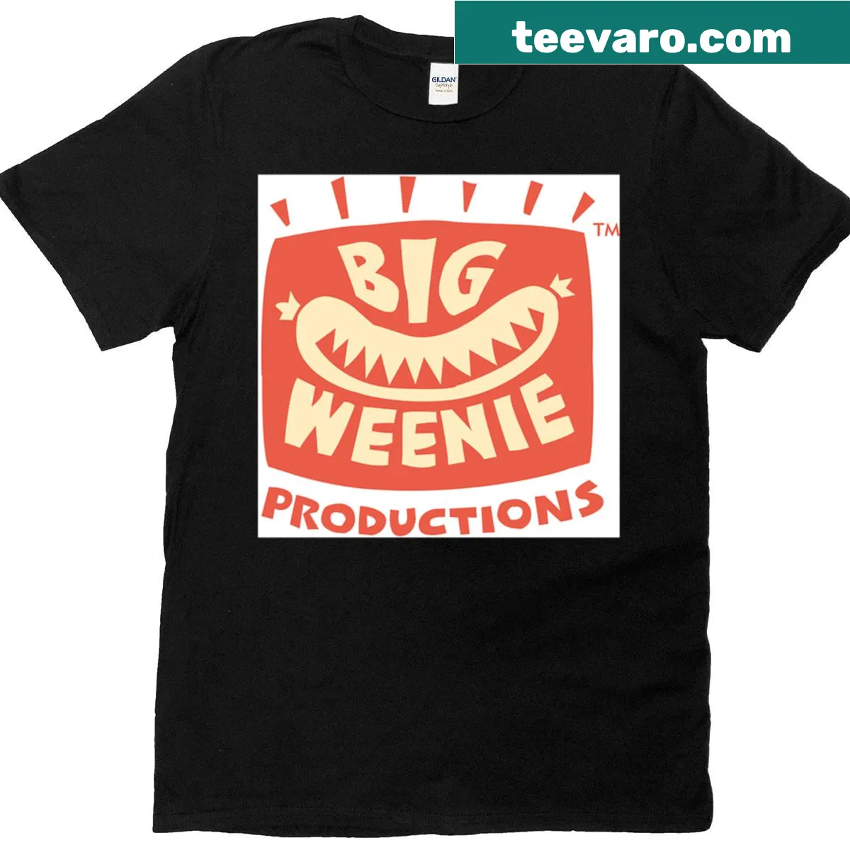 Oversized T-shirt featuring Big Weenie Productions logo — on a men's t-shirt