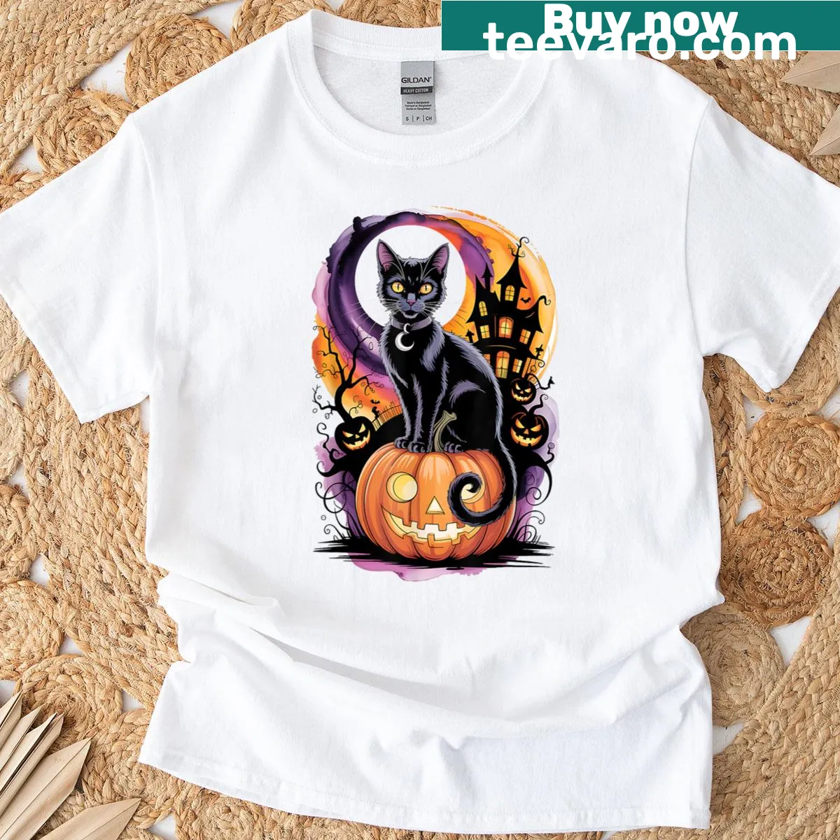 Illustration of a black cat with pumpkins under a full moon — on a men's t-shirt
