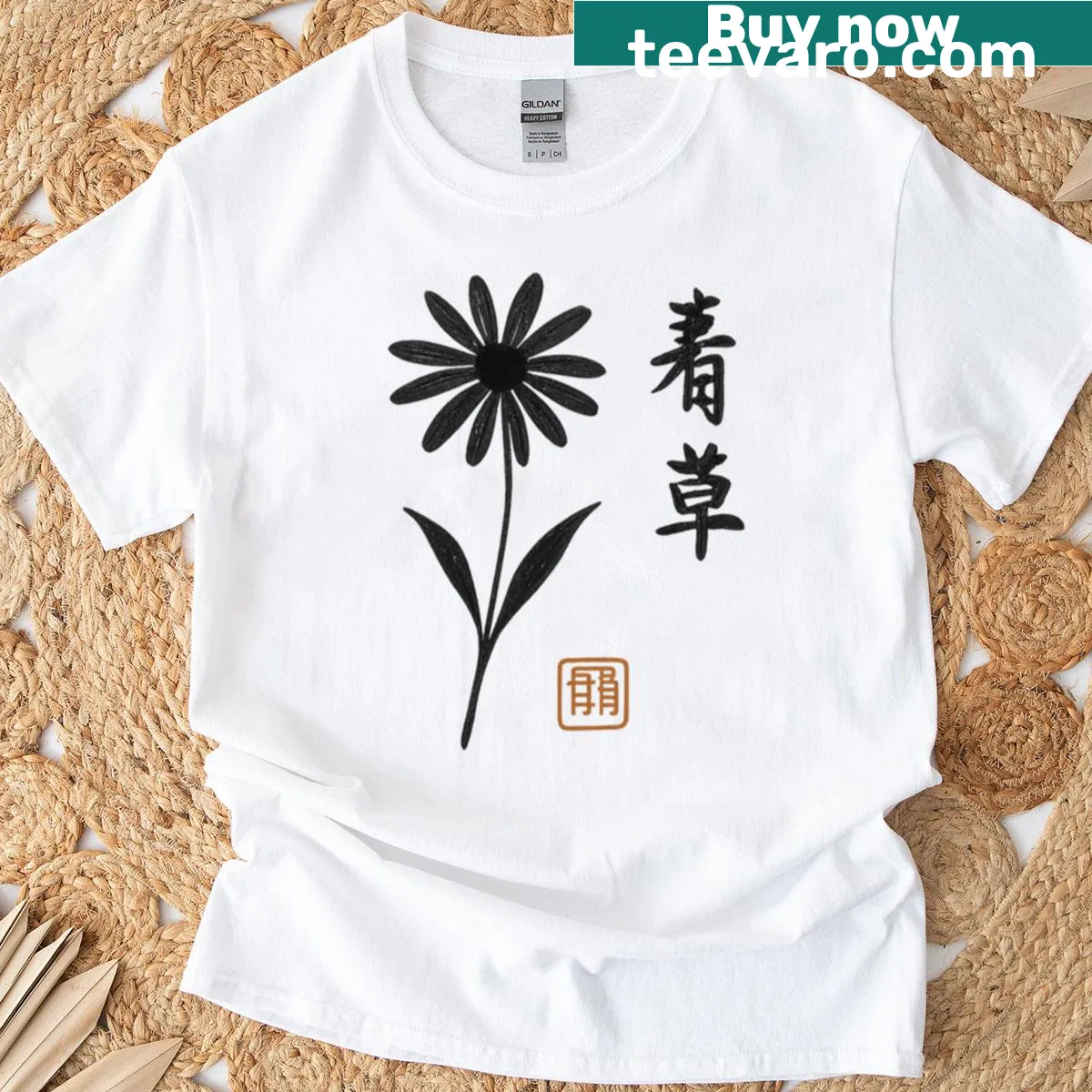 Minimalist black ink flower design with Kanji characters — on a men's t-shirt