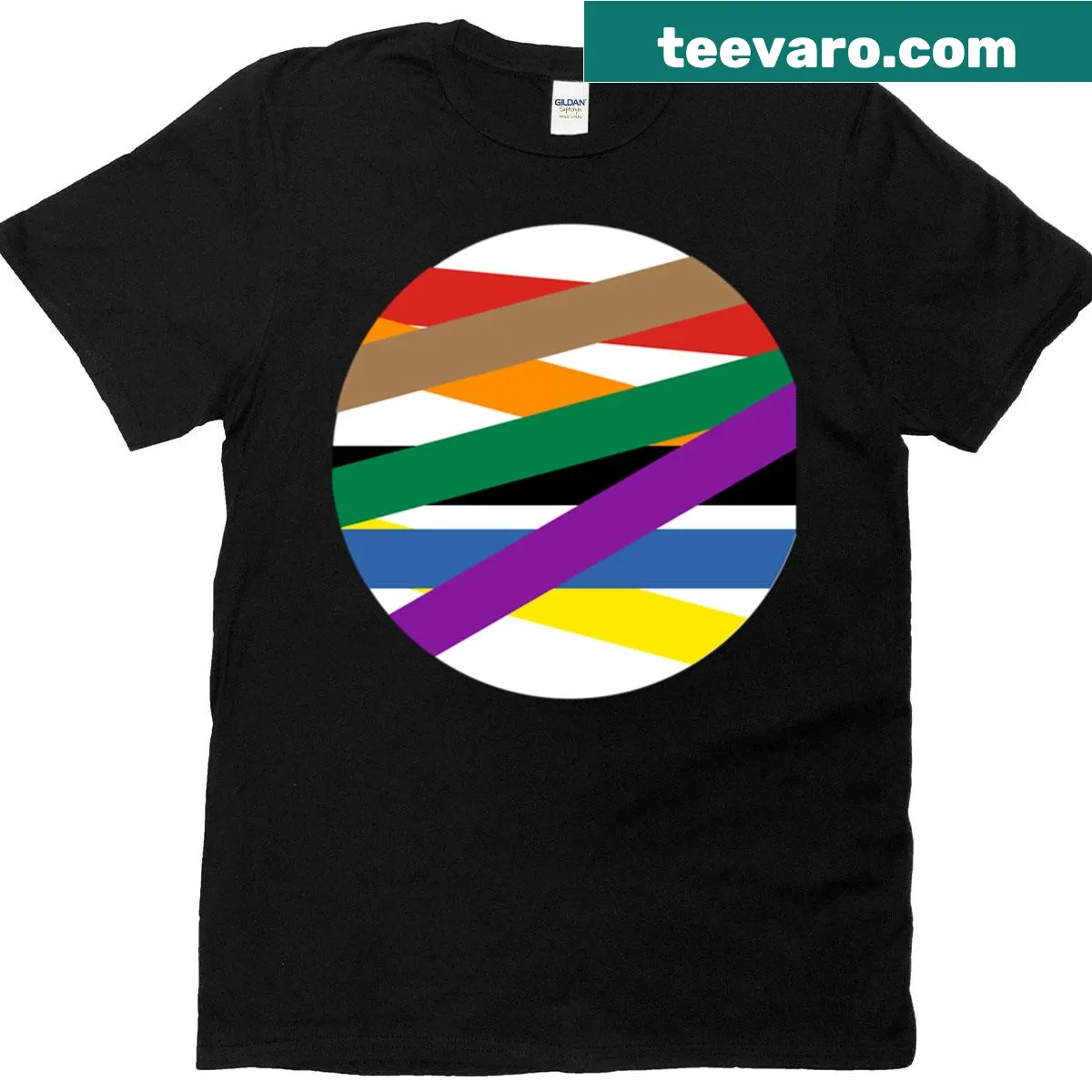 T-shirt with bold circular rainbow pride stripes — on a men's t-shirt