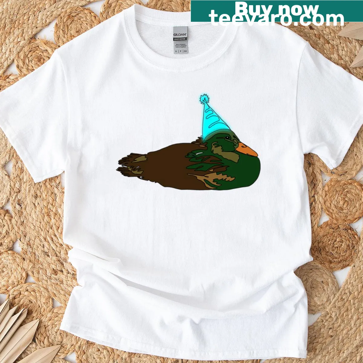 Line drawing of a mallard duck with a birthday hat on a t-shirt — on a men's t-shirt