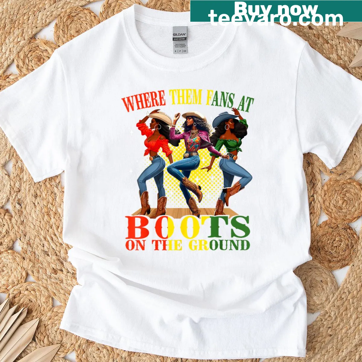 Graphic T-shirt featuring a cowgirl and the phrase 'Where Them Fans At' — on a men's t-shirt