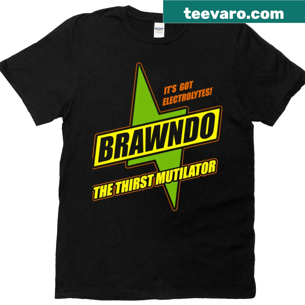 Brawndo logo graphic on a casual t-shirt — on a men's t-shirt