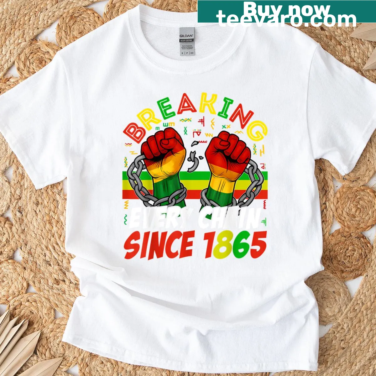 Juneteenth t-shirt featuring 'Breaking Every Chain Since 1865' text — on a men's t-shirt