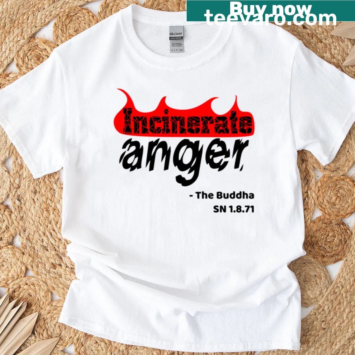 T-shirt featuring a Buddha quote about anger and light — on a men's t-shirt