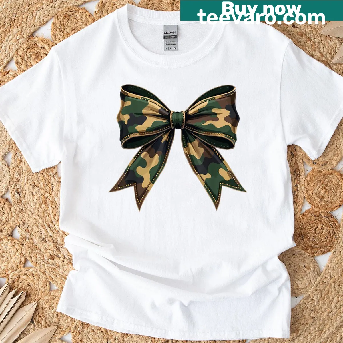 Fun camo bow t-shirt designed for women with playful graphics — on a men's t-shirt