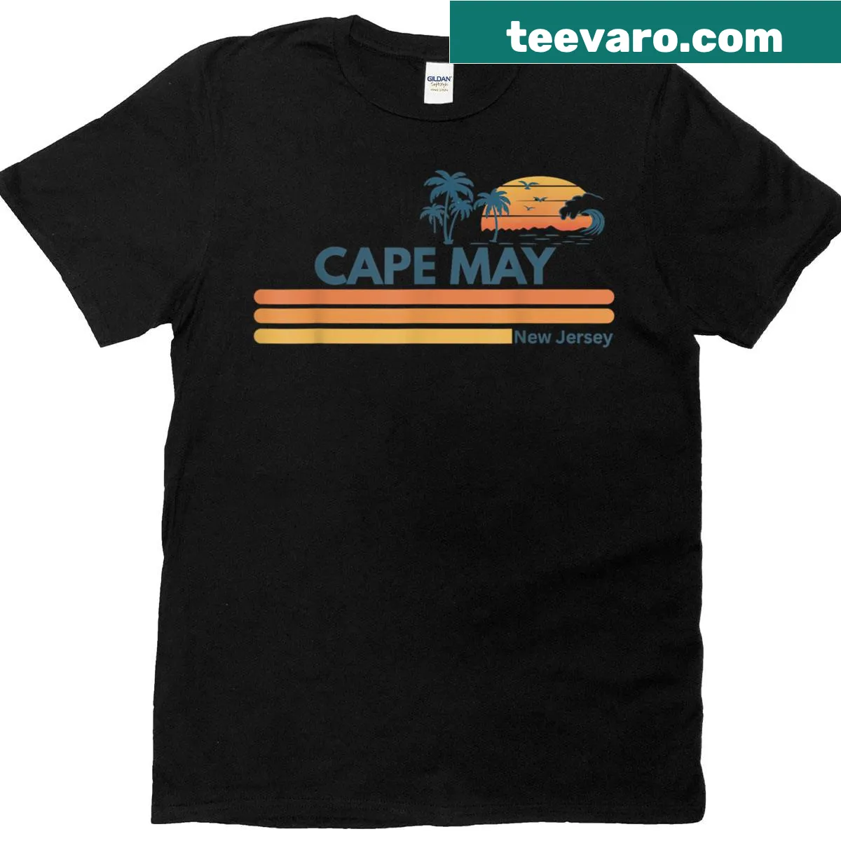 Palm tree illustration on Cape May Beach T-shirt — on a men's t-shirt
