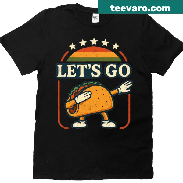 Cartoon taco doing the dab against a retro sunset design