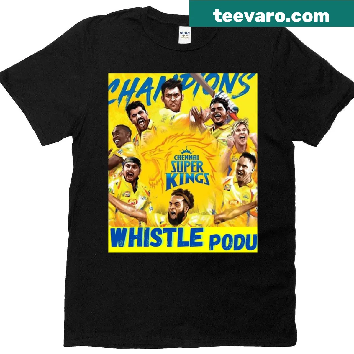 Chennai Super Kings graphic T-shirt with Whistle Podu slogan — on a men's t-shirt