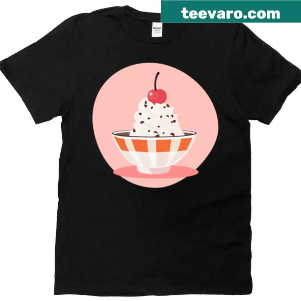 Cute ice cream sundae illustration on T-shirt with cherry topping