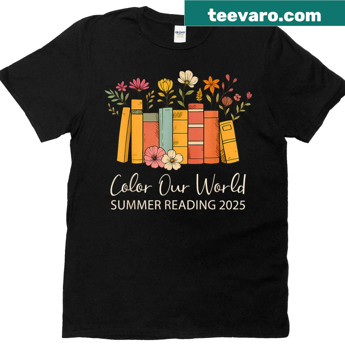 Cute floral T-shirt for kids promoting summer reading and book love. — on a men's t-shirt