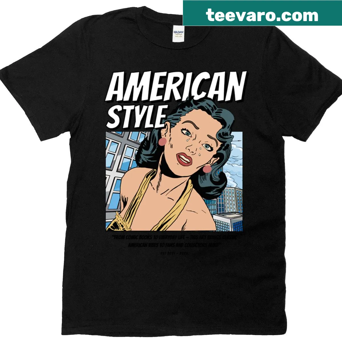 Vintage American vibes comic-inspired art T-shirt. — on a men's t-shirt