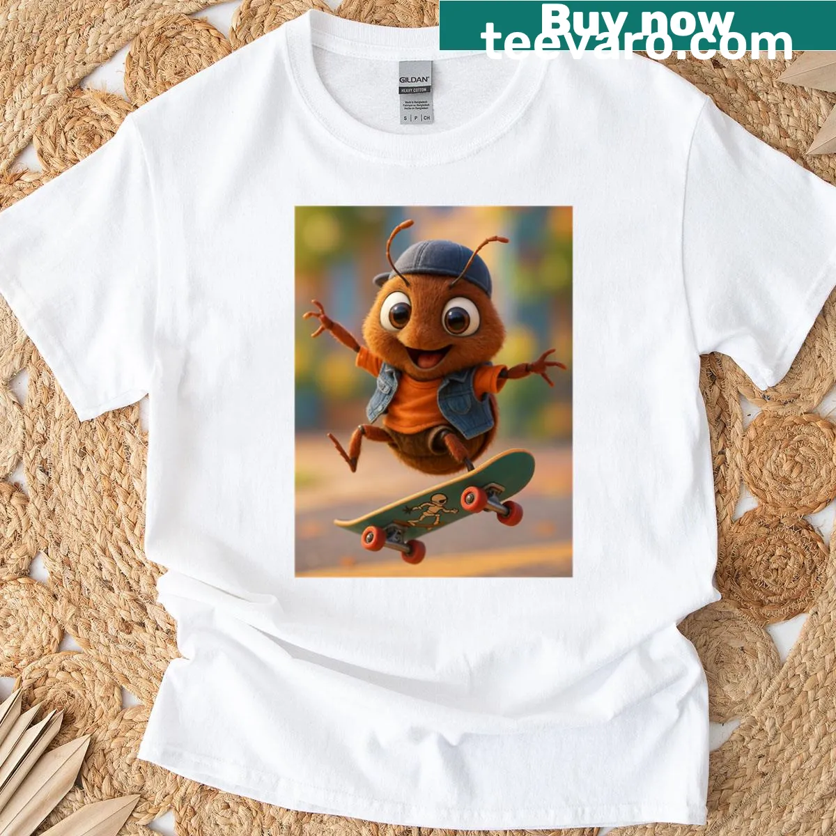 Illustration of a soldier beetle on a skateboard on an oversized t-shirt — on a men's t-shirt