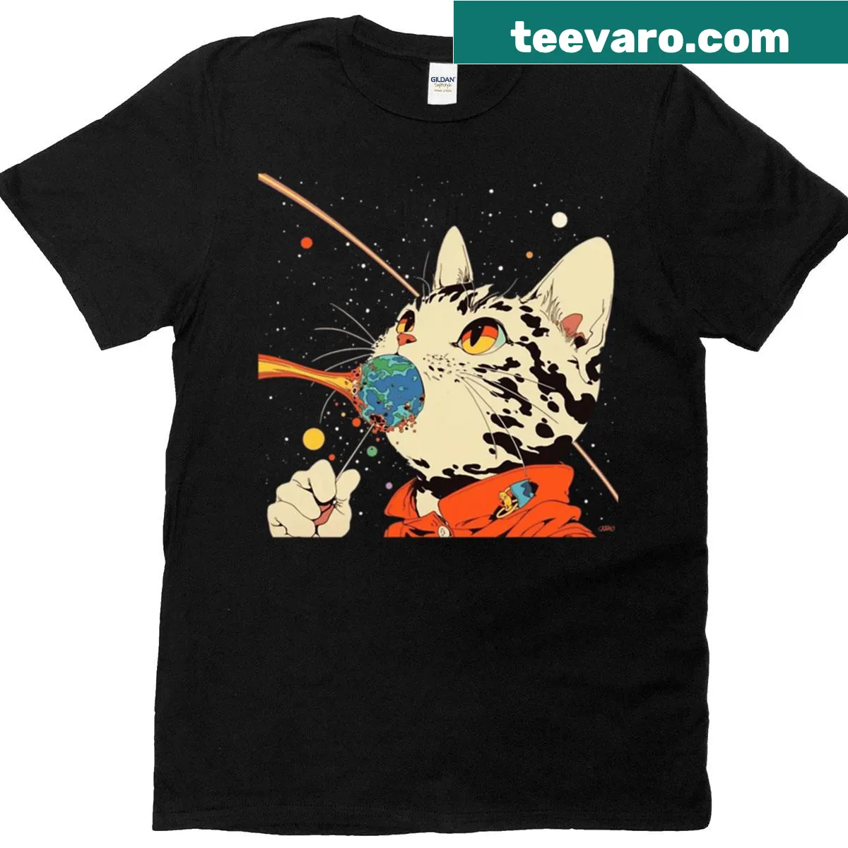 Cosmic cat graphic T-shirt featuring a cat and planets — on a men's t-shirt