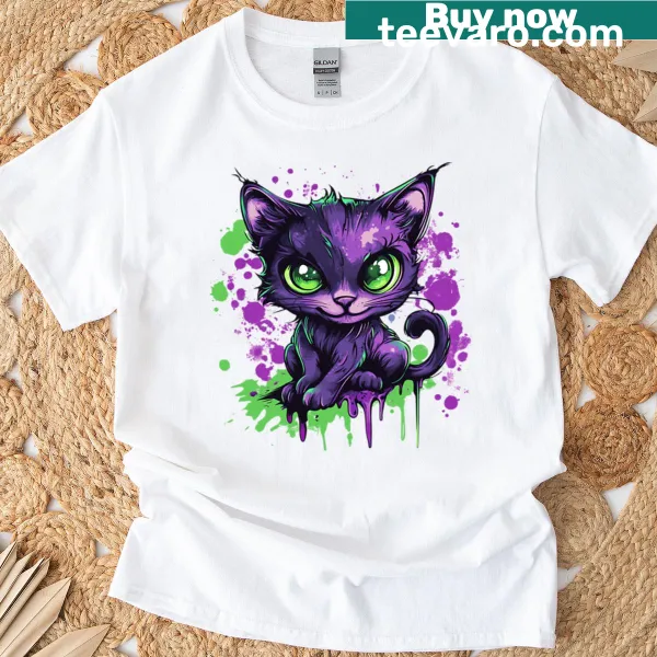 Illustration of a green-eyed cat on a cute T-shirt