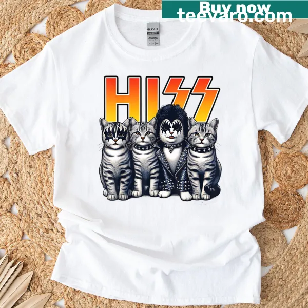 Kittens rocking out with instruments and 'Hiss Cats Rock' text on a t-shirt