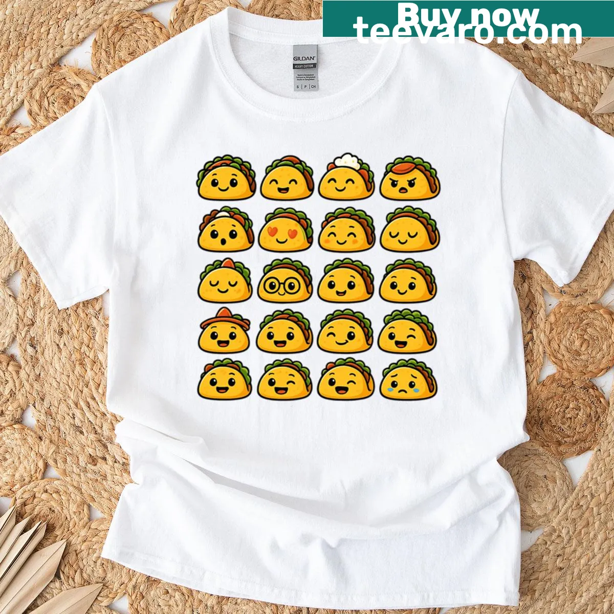 Cartoon taco emojis with various playful expressions — on a men's t-shirt